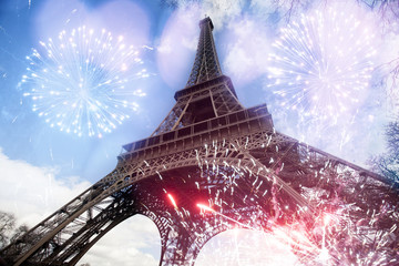 Abstract background of Eiffel tower with fireworks