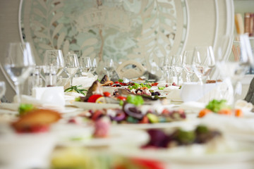 catering banquet table, Canapes on restaurant table, catering, buffet, canapés, stemware