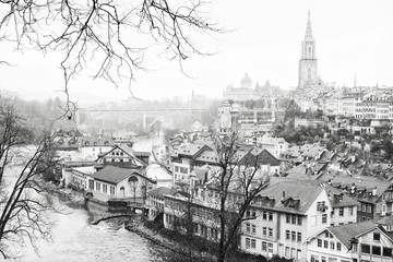 The Aare River wraps around the Old City of Bern, Switzerland. Black and white