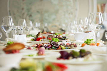 catering banquet table, Canapes on restaurant table, catering, buffet, canapés, stemware