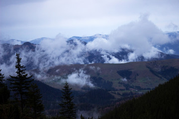 Bad weather in the mountains. Fog and clouds.