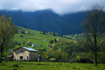 Fototapeta na wymiar Many wooden houses in the mountains, green hills and fog.