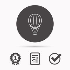 Air balloon icon. Fly transport sign. Airship travel symbol. Report document, winner award and tick. Round circle button with icon. Vector