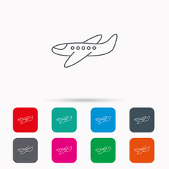 Airplane icon. Aircraft travel sign. Flight transport symbol. Linear icons in squares on white background. Flat web symbols. Vector