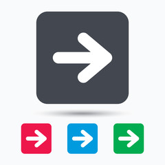Arrow icon. Next navigation symbol. Colored square buttons with flat web icon. Vector