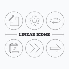 Arrows icons. Upstairs, next and repeat linear signs. Next arrow flat line icons. Flat cogwheel and calendar symbols. Linear icons in circle buttons. Vector