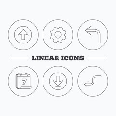 Arrows icons. Download, upload and shuffle linear signs. Turn left, back arrow flat line icons. Flat cogwheel and calendar symbols. Linear icons in circle buttons. Vector