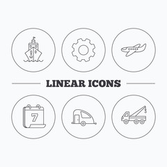 Transportation icons. Cruise, airplane and van linear signs. Evacuator flat line icon. Flat cogwheel and calendar symbols. Linear icons in circle buttons. Vector