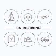 Transportation icons. Cruise, airplane and van linear signs. Evacuator flat line icon. Flat cogwheel and calendar symbols. Linear icons in circle buttons. Vector