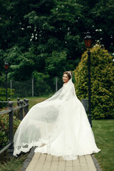 Wind blows bride's veil while she stands on path in park