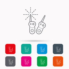 Baby monitor icon. Nanny for newborn sign. Radio set symbol. Linear icons in squares on white background. Flat web symbols. Vector