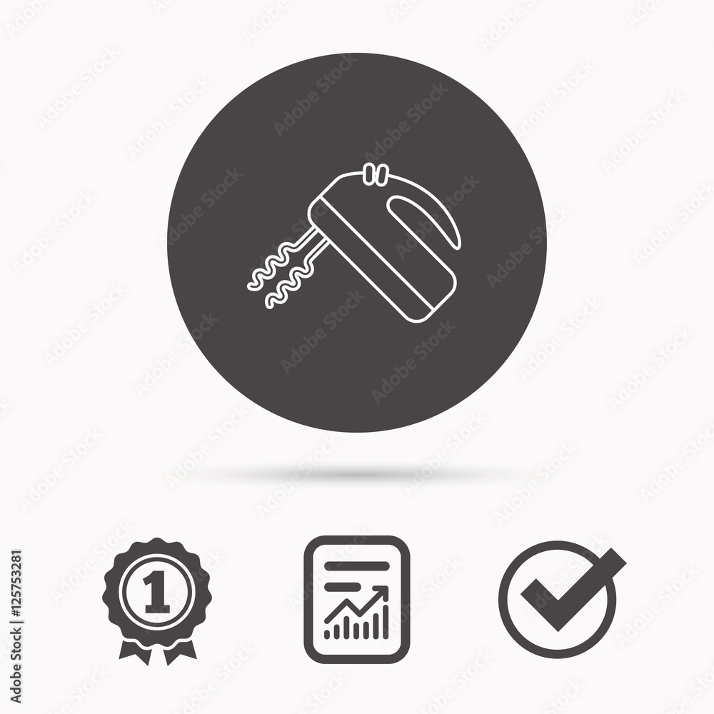 Poster blender icon. mixer sign. report document, winner award and tick. round circle button with icon. vec