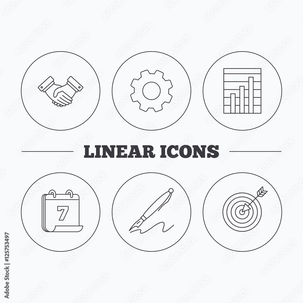 Poster handshake, graph charts and target icons. pen linear sign. flat cogwheel and calendar symbols. linea