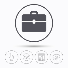 Briefcase icon. Diplomat handbag symbol. Business case sign. Chat speech bubbles. Check tick, report chart and hand click. Linear icons. Vector