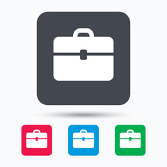 Briefcase icon. Diplomat handbag symbol. Business case sign. Colored square buttons with flat web icon. Vector