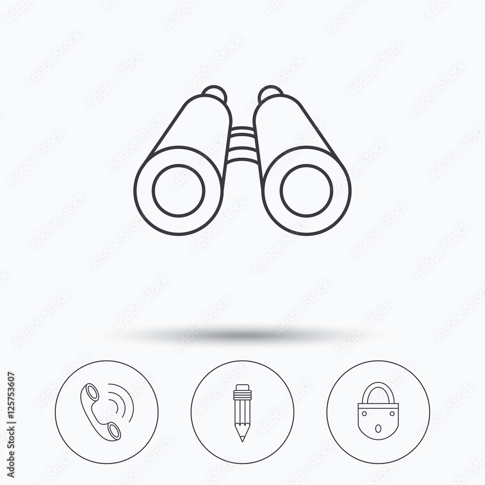 Poster phone call, pencil and search icons. lock linear sign. linear icons in circle buttons. flat web symb