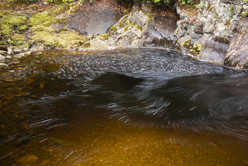 A landscape image showing the movement of bubbles on the surface of a pool in a burn, Scotland.