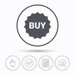 Buy icon. Online shopping star symbol. Chat speech bubbles. Check tick, report chart and hand click. Linear icons. Vector