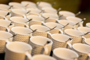tea sets, collection white coffee cups, buffet, catering