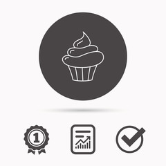 Cupcake icon. Dessert cake sign. Delicious bakery food symbol. Report document, winner award and tick. Round circle button with icon. Vector