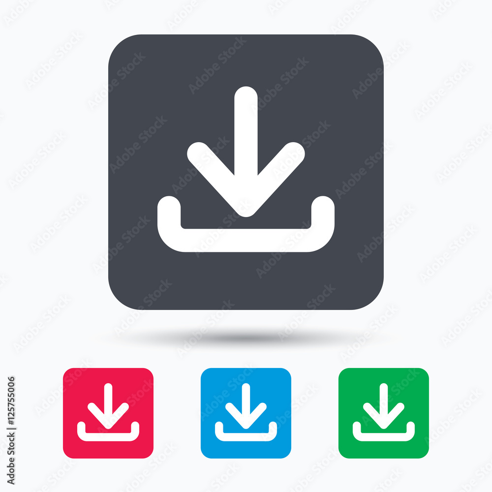 Poster download icon. load internet data symbol. colored square buttons with flat web icon. vector
