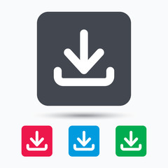 Download icon. Load internet data symbol. Colored square buttons with flat web icon. Vector