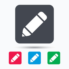 Edit icon. Pencil for drawing symbol. Colored square buttons with flat web icon. Vector