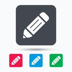 Edit icon. Pencil for drawing symbol. Colored square buttons with flat web icon. Vector