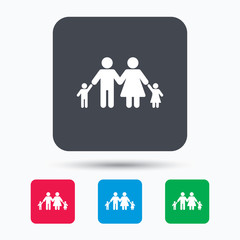 Family icon. Father, mother and child symbol. Colored square buttons with flat web icon. Vector