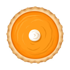 Vector illustration of a pumpkin pie with whipped cream isolated on a white background.