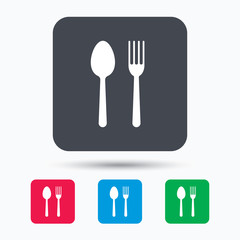 Food icons. Fork and spoon signs. Cutlery symbol. Colored square buttons with flat web icon. Vector
