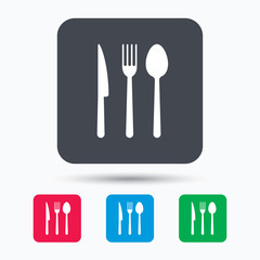 Fork, knife and spoon icons. Cutlery symbol. Colored square buttons with flat web icon. Vector