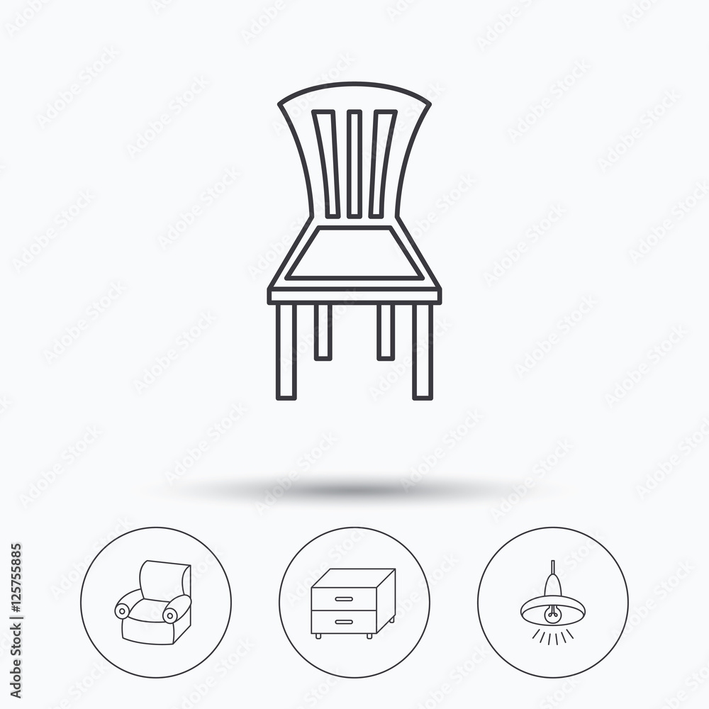 Poster ceiling lamp, nightstand and armchair icons. chair linear sign. linear icons in circle buttons. flat