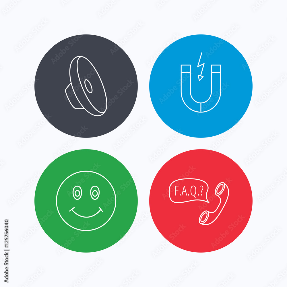 Poster magnet, smiling face and faq speech bubble icons. sound linear sign. linear icons on colored buttons