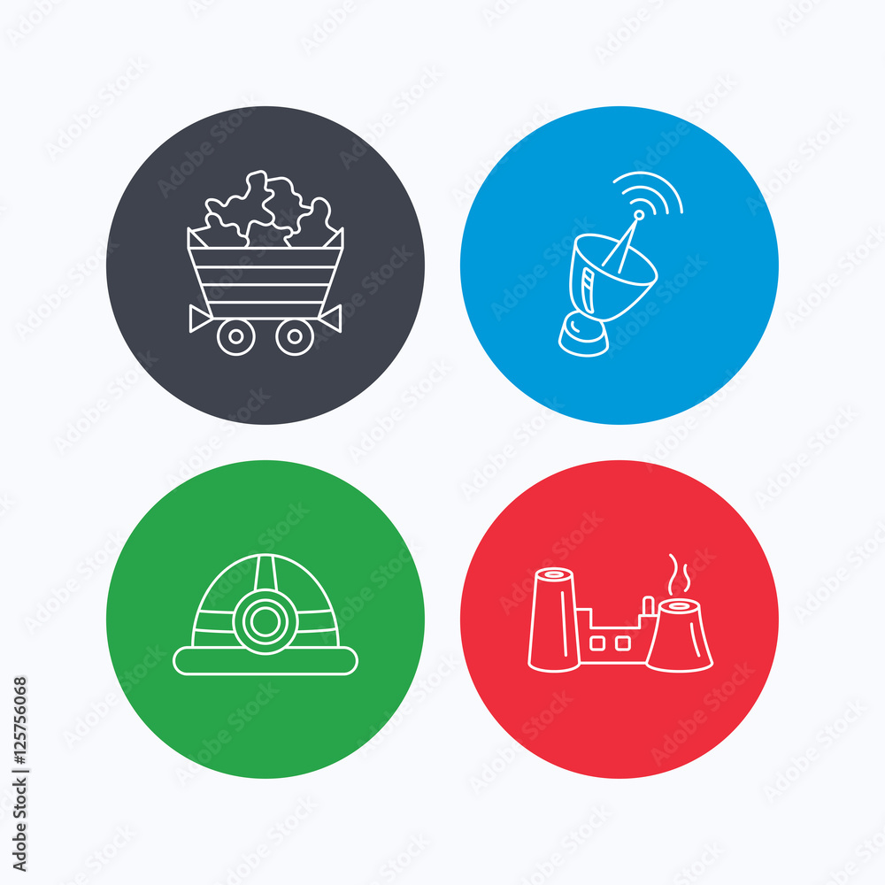 Poster antenna, minerals and engineering helm icons. factory linear sign. linear icons on colored buttons. 