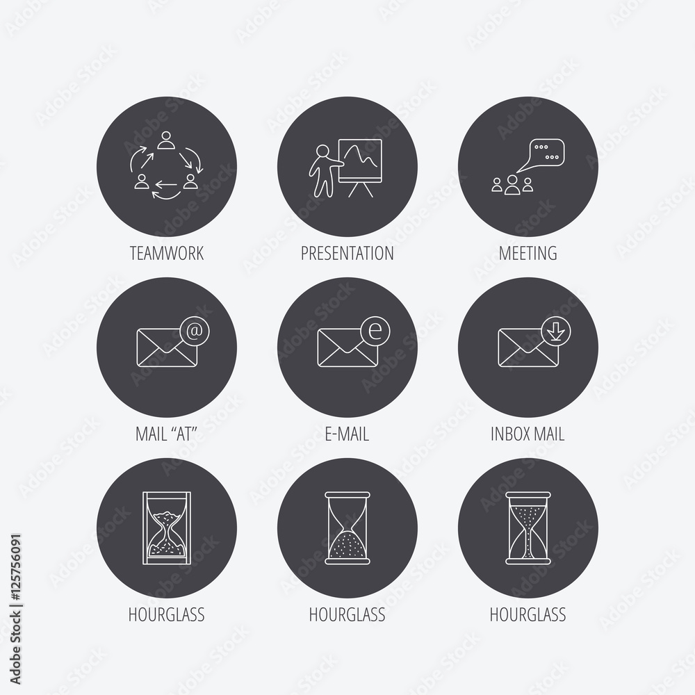 Poster teamwork, presentation and meeting chat bubbles icons. e-mail inbox, hourglass linear signs. linear 
