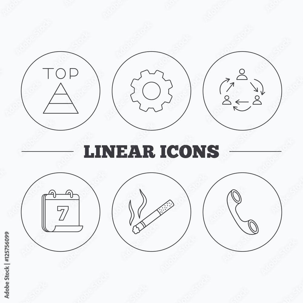 Poster Teamwork, smoking and phone call icons. Top linear sign. Flat cogwheel and calendar symbols. Linear icons in circle buttons. Vector