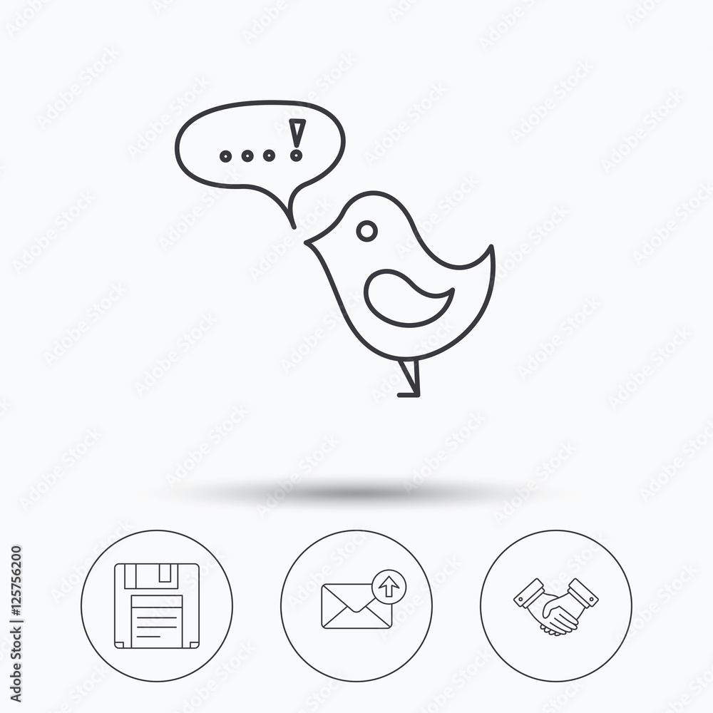 Poster outbox mail, message and handshake icons. floppy disk linear sign. linear icons in circle buttons. f