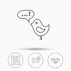 Outbox mail, message and handshake icons. Floppy disk linear sign. Linear icons in circle buttons. Flat web symbols. Vector