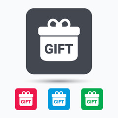 Gift icon. Present box with bow symbol. Colored square buttons with flat web icon. Vector
