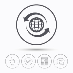 Globe icon. World or internet symbol. Chat speech bubbles. Check tick, report chart and hand click. Linear icons. Vector