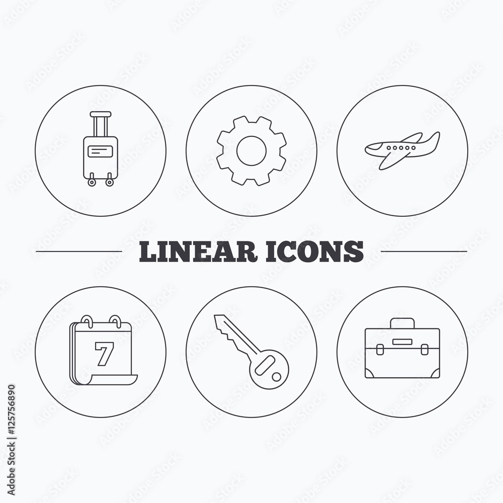 Poster suitcase on wheels, key and airplane icons. briefcase linear sign. flat cogwheel and calendar symbol