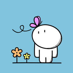 Cute funny man with a butterfly on his head near the flowers on the blue background. Spring, summer and nature - cartoon vector illustration.