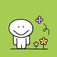 Cute funny man near the flowers and a butterfly on the green background. Spring, summer and nature - cartoon vector illustration.