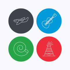 Guitar, airplane and lighthouse icons. Shell linear sign. Linear icons on colored buttons. Flat web symbols. Vector