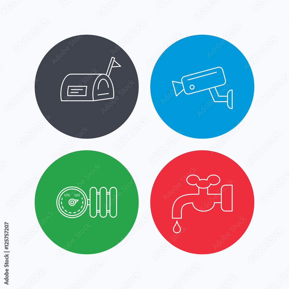 Poster water supply, video camera and mailbox icons. radiator with regulator linear sign. linear icons on c