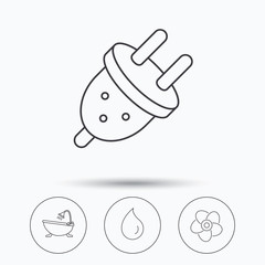 Ventilation, water drop and electric plug icons. Bath linear sign. Linear icons in circle buttons. Flat web symbols. Vector