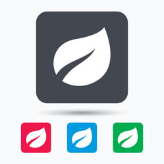 Leaf icon. Fresh organic product symbol. Colored square buttons with flat web icon. Vector