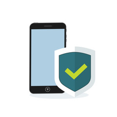 Mobile phone with flat shield with a confirmed status of protection. Vector illustration mobile phone security shield.