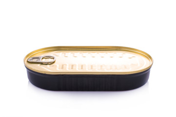 Gold, metal canning bank. On white, isolated background.